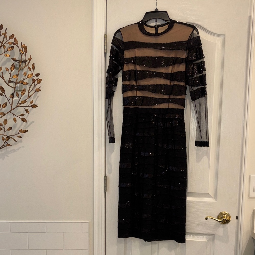 Costarellos Sheer Black and Nude Striped Long Sleeve Dress